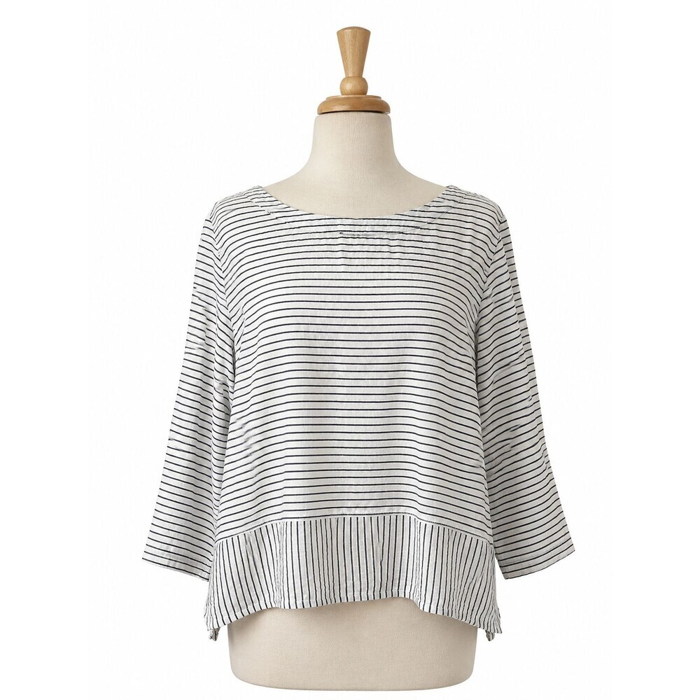 Tahari 100% Linen Top Size XL Striped Grey White Coastal Beachy Women's